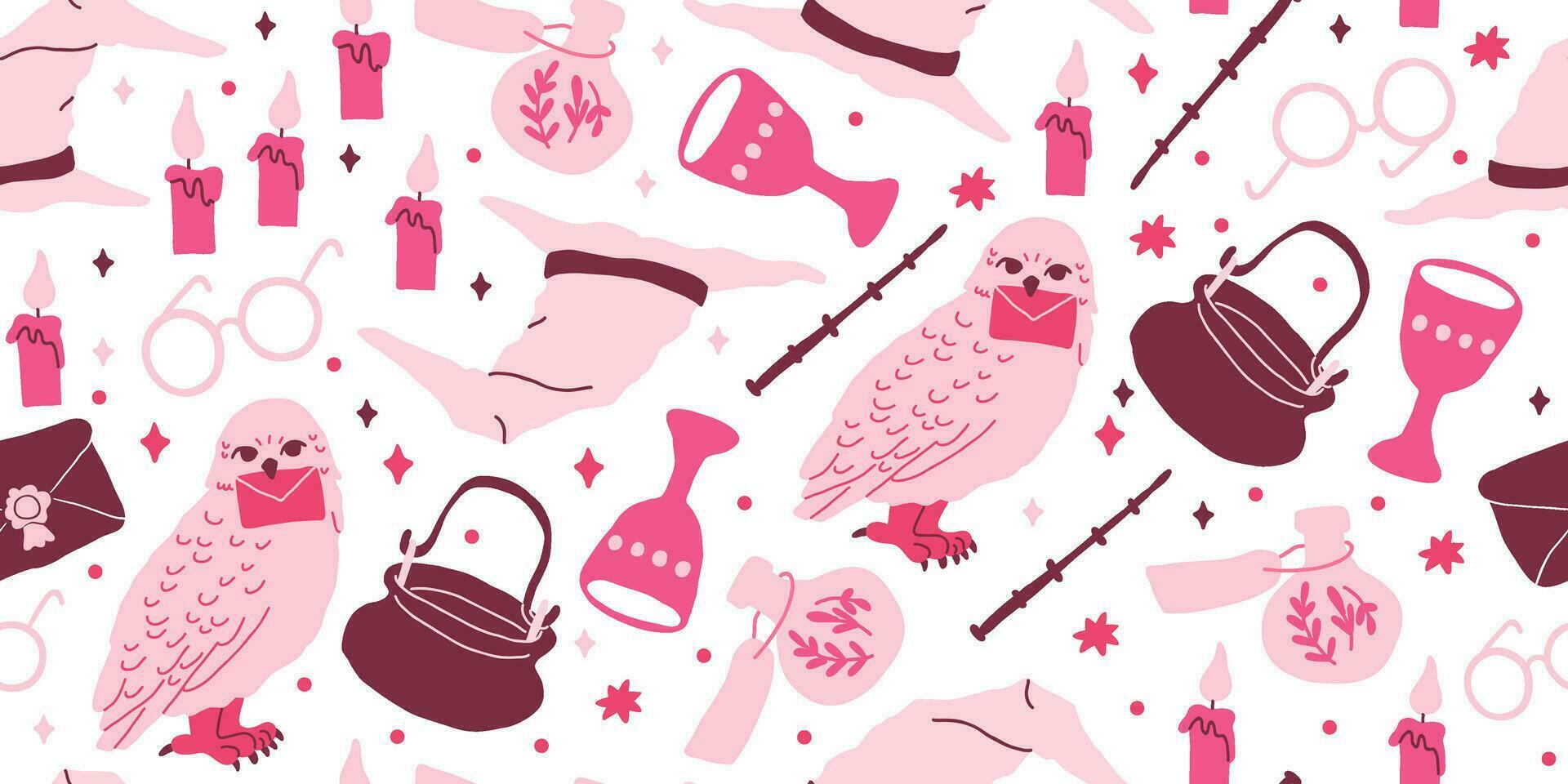 Pink Halloween pattern with stars, magic witch hat, cauldron, potion bottles, candles, treasures, book of spells, owl, magic wand vector
