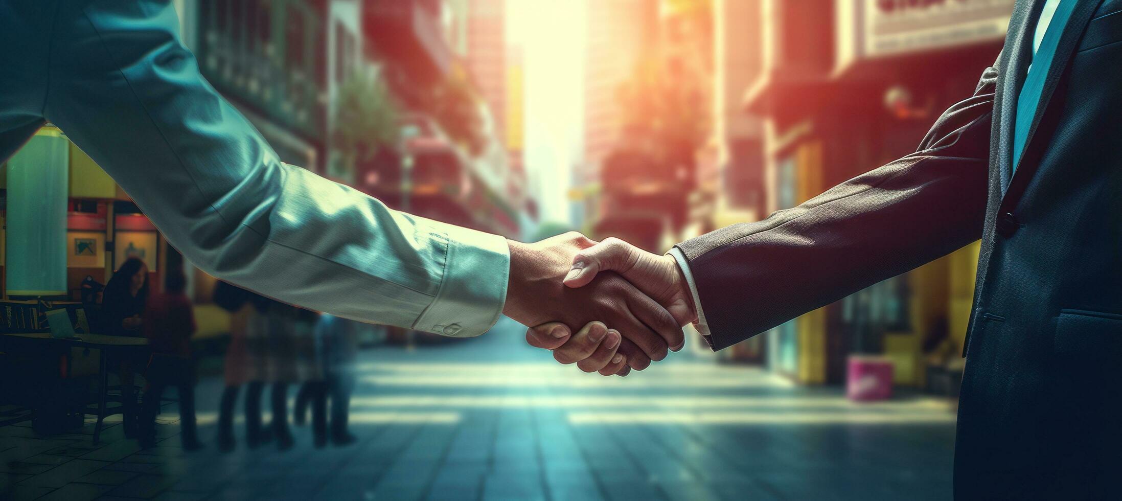 Business men shaking hands en route or on the business background photo