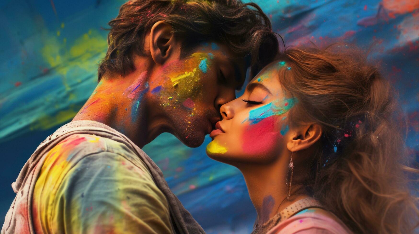 The girl and boy kiss on the holi festival photo