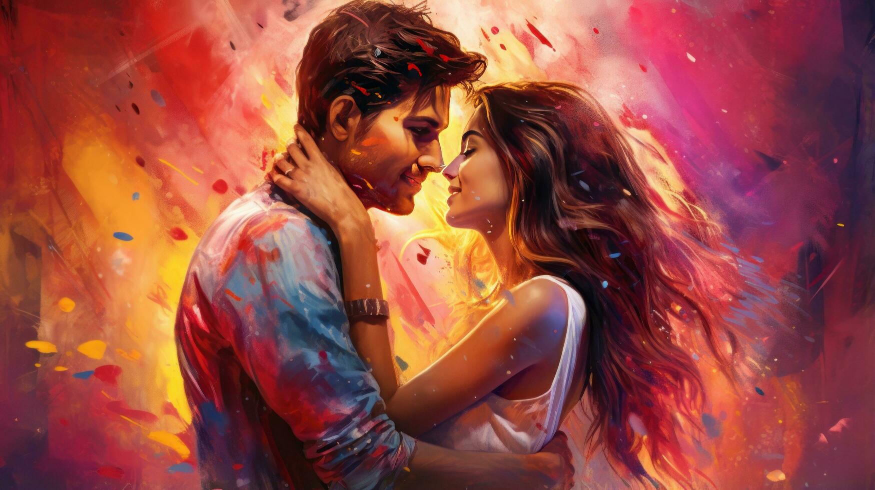 The girl and boy kiss on the holi festival photo