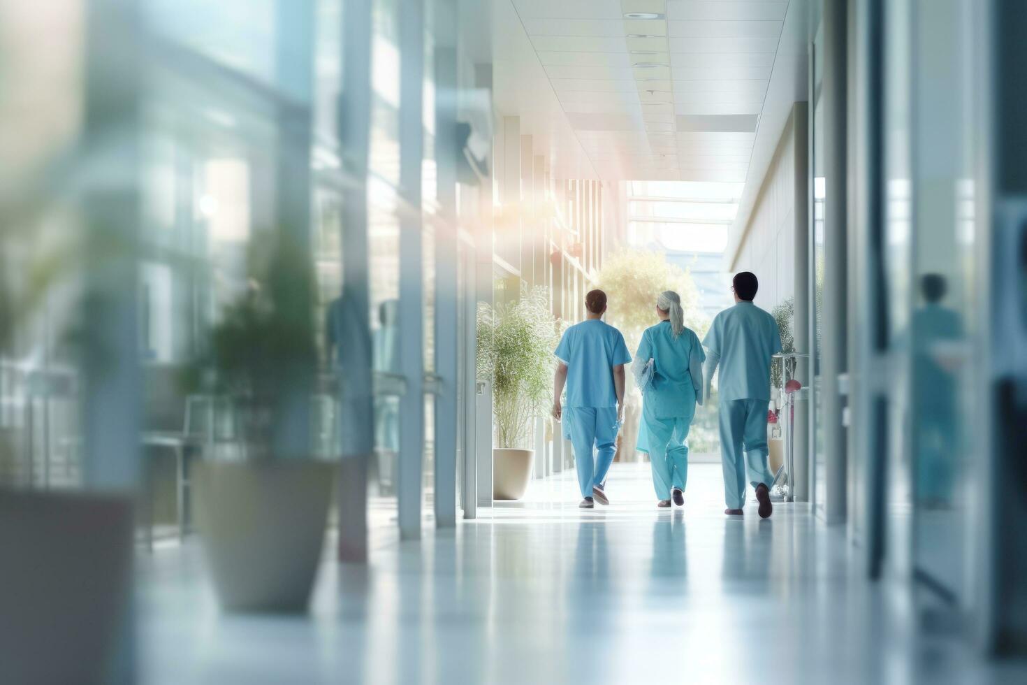Tres personas caminando abajo pasillo en hospital foto
