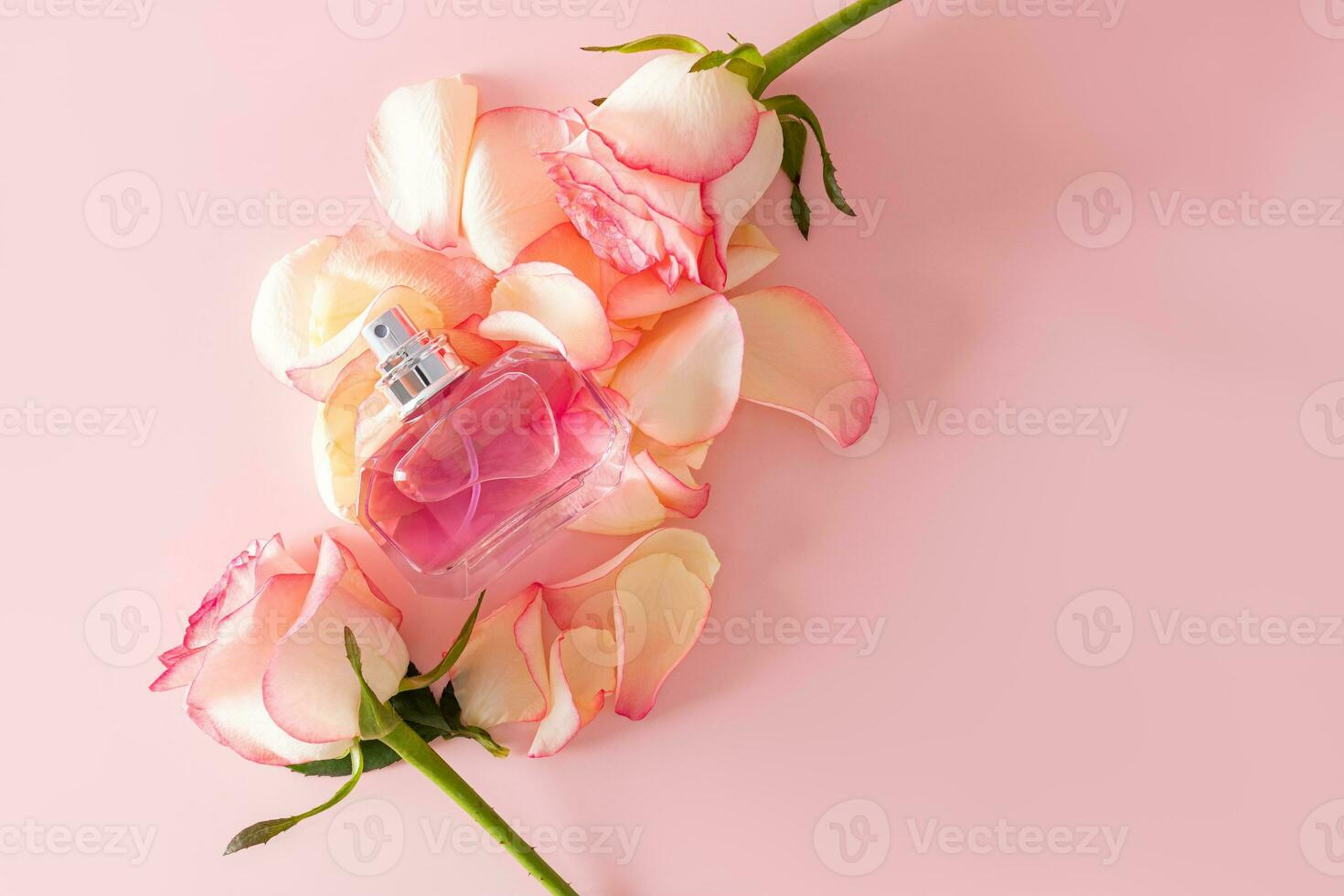 A chic bottle of perfume or eau de parfum with notes of delicate roses on a pink background with rose petals, rosebuds. Top view. A copy space. photo