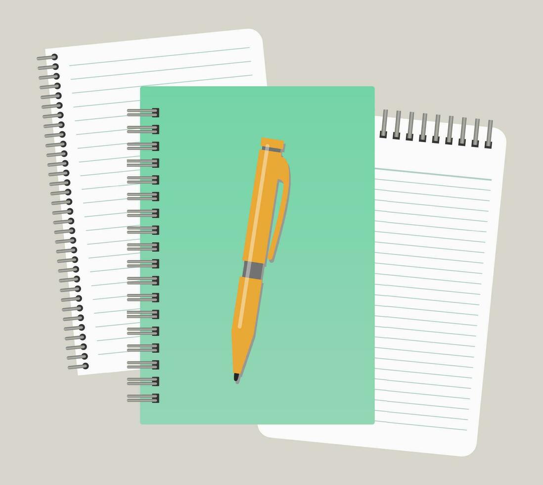 Three notepads and a pen. Vector illustration