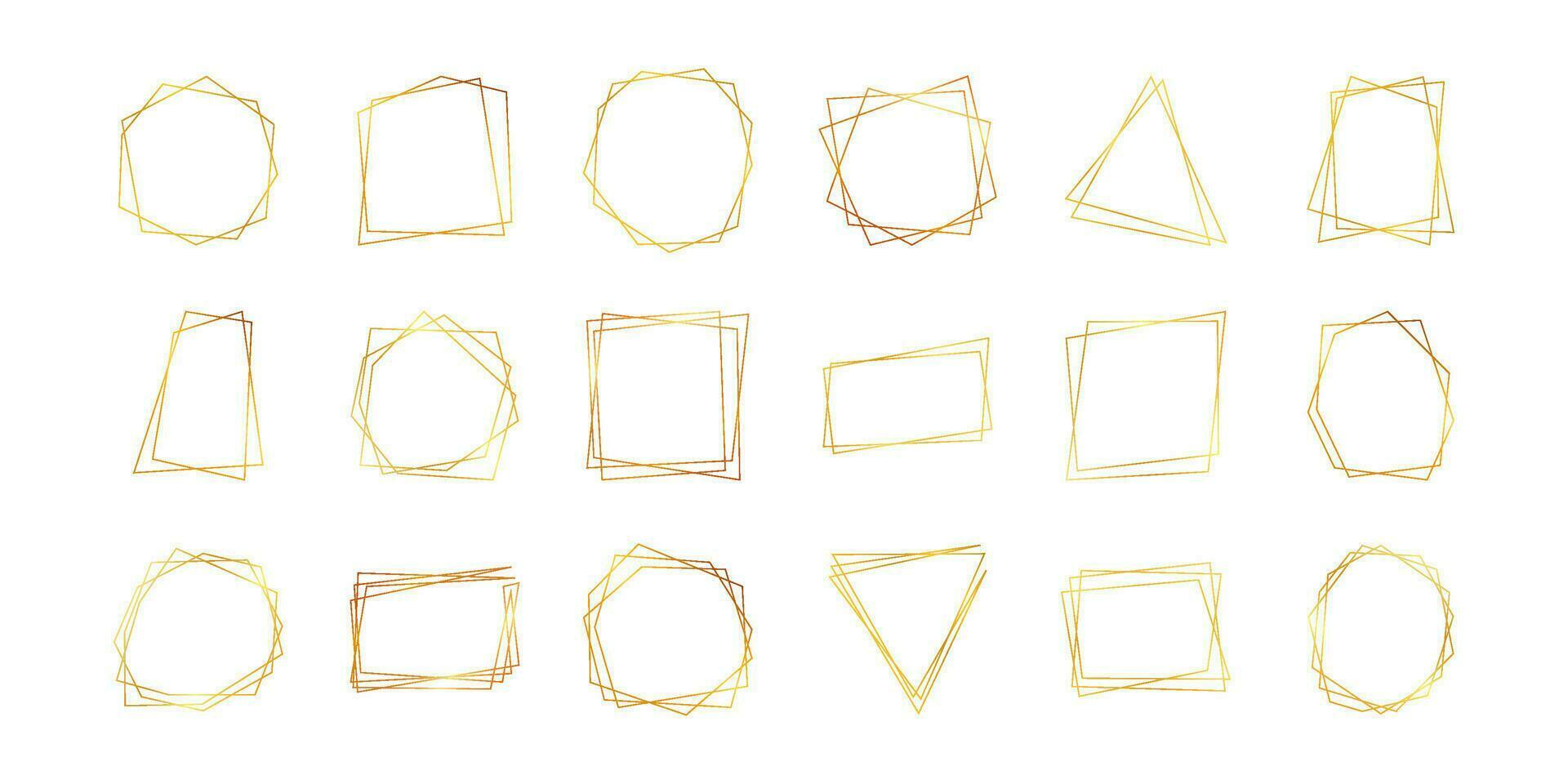 Set of eighteen gold geometric polygonal frames with shining effects isolated on white background. Empty glowing art deco backdrop. Vector illustration.