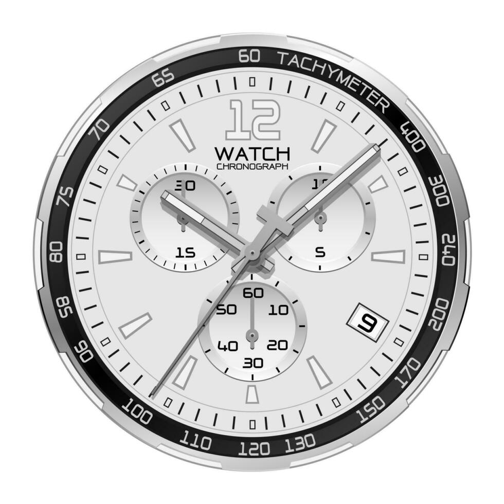 Realistic watch clock chronograph silver face dashboard black on white design classic luxury vector