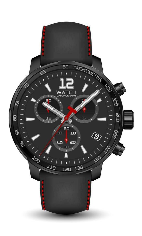 realista reloj reloj cronógrafo negro acero cuero Correa oscuro gris rojo flecha en blanco diseño clásico lujo vector