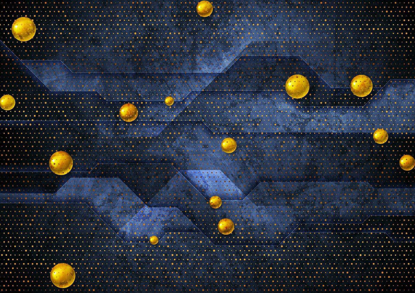 Hi-tech geometric grunge background with golden dots and glossy beads vector