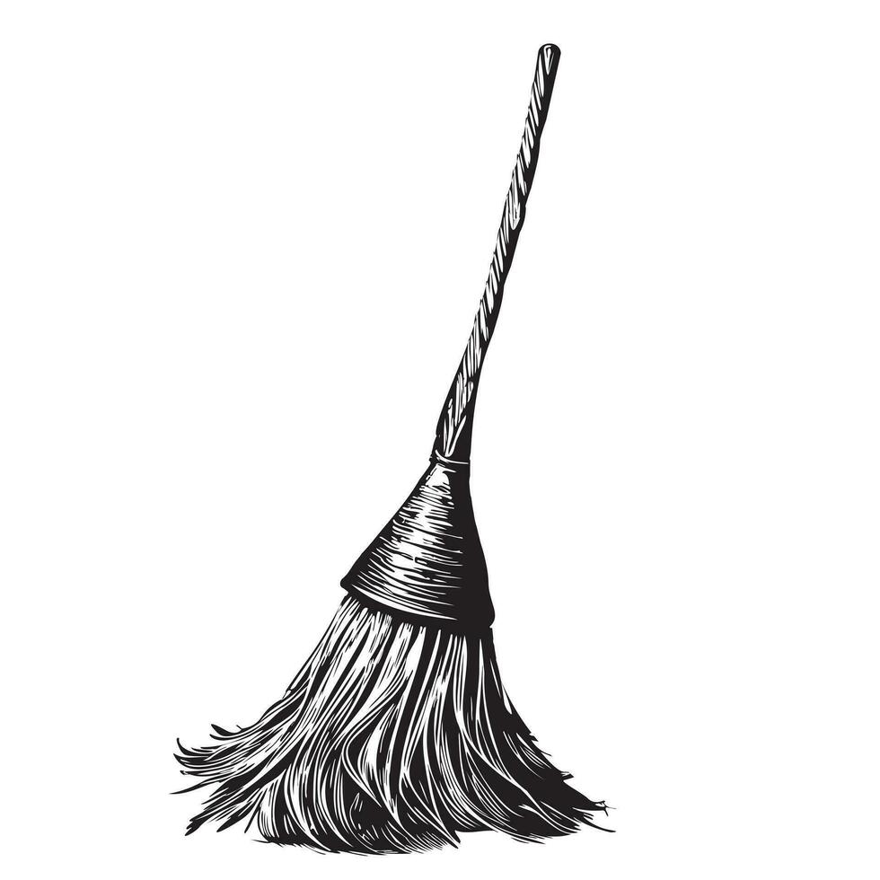 Witch broom hand drawn sketch Halloween illustration vector