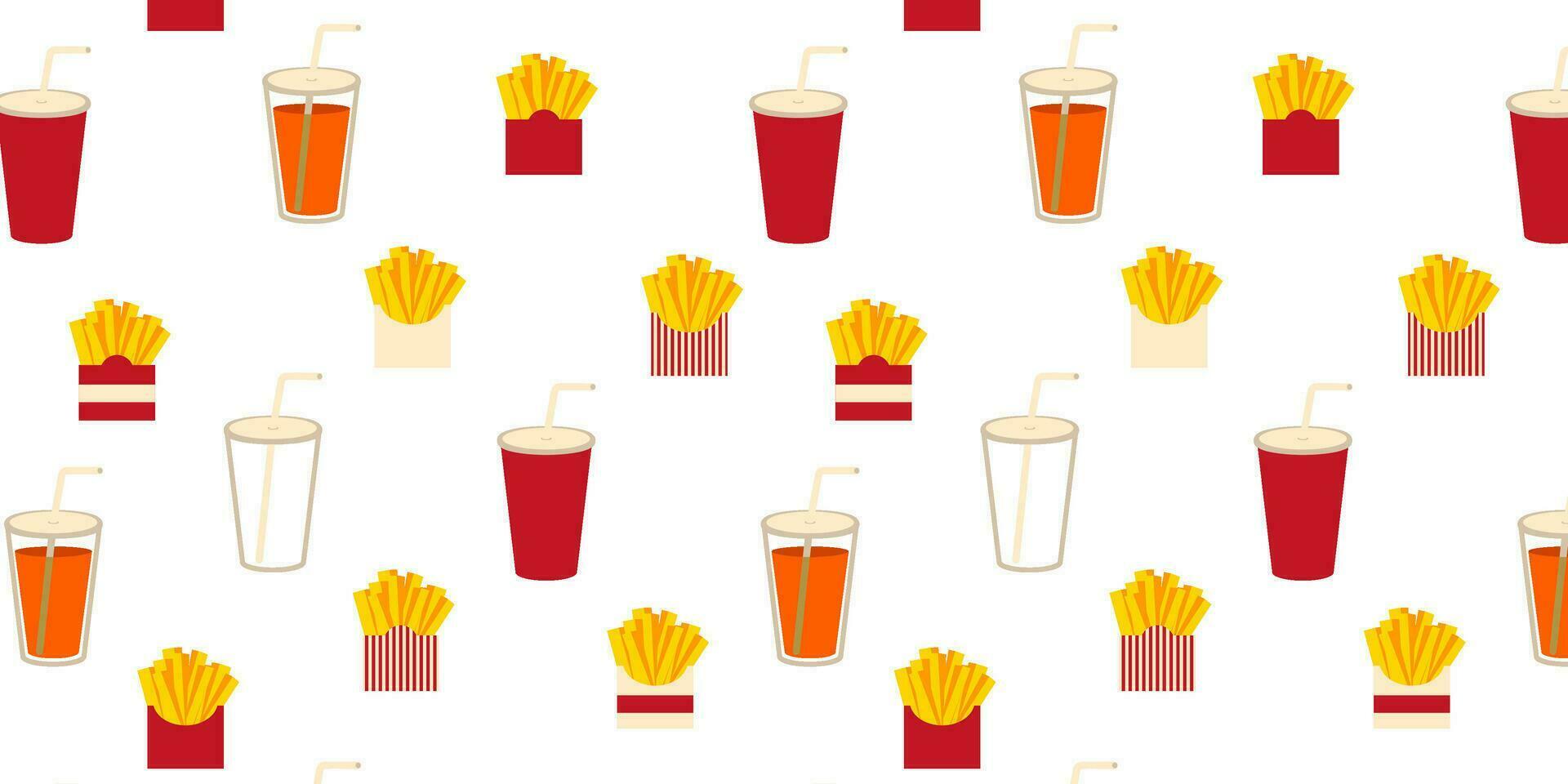 Seamless pattern fast food, french fries, glasses with a straw, flat vector illustration