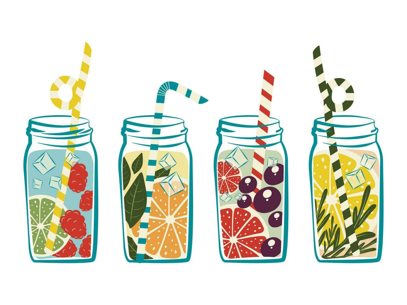 bebidas, conjunto de verano, Frío, agrios bebidas en frascos con un paja, vector ilustración