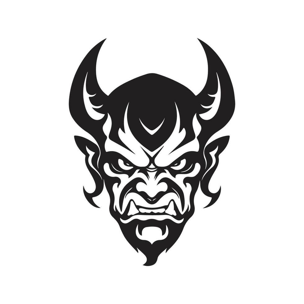 angry devil, vintage logo line art concept black and white color, hand drawn illustration vector