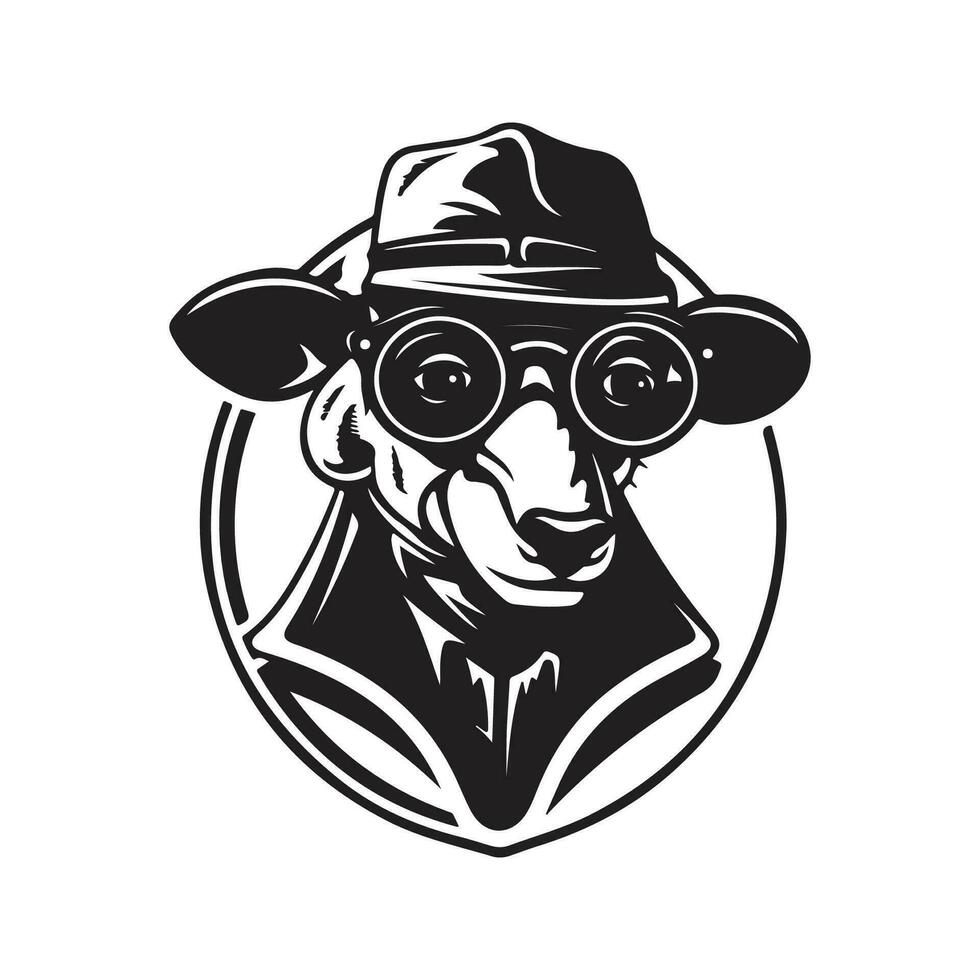 sheep spy, vintage logo line art concept black and white color, hand drawn illustration vector