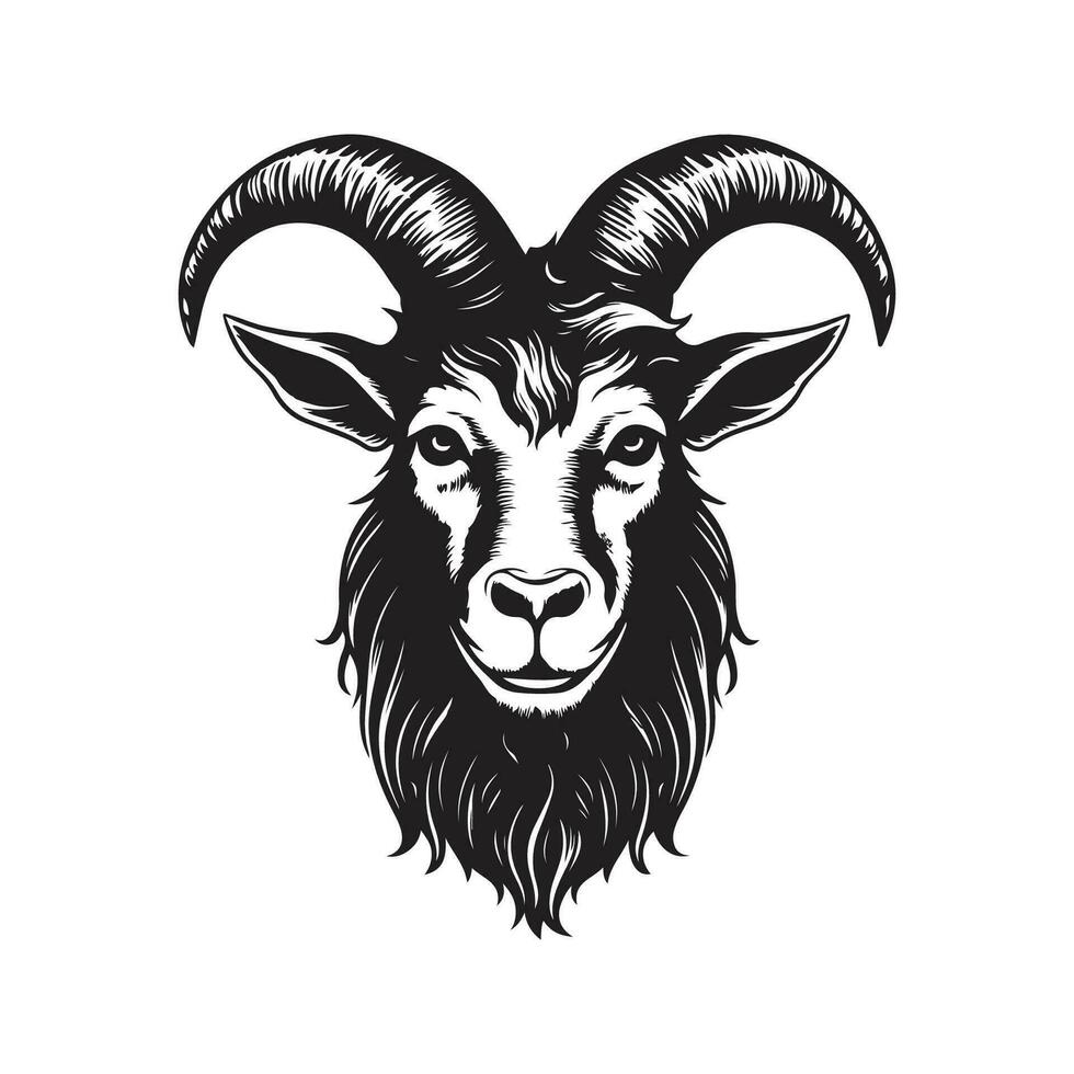 angry goat, vintage logo line art concept black and white color, hand drawn illustration vector