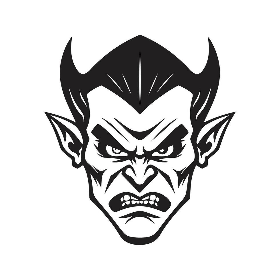 angry elf, vintage logo line art concept black and white color, hand drawn illustration vector