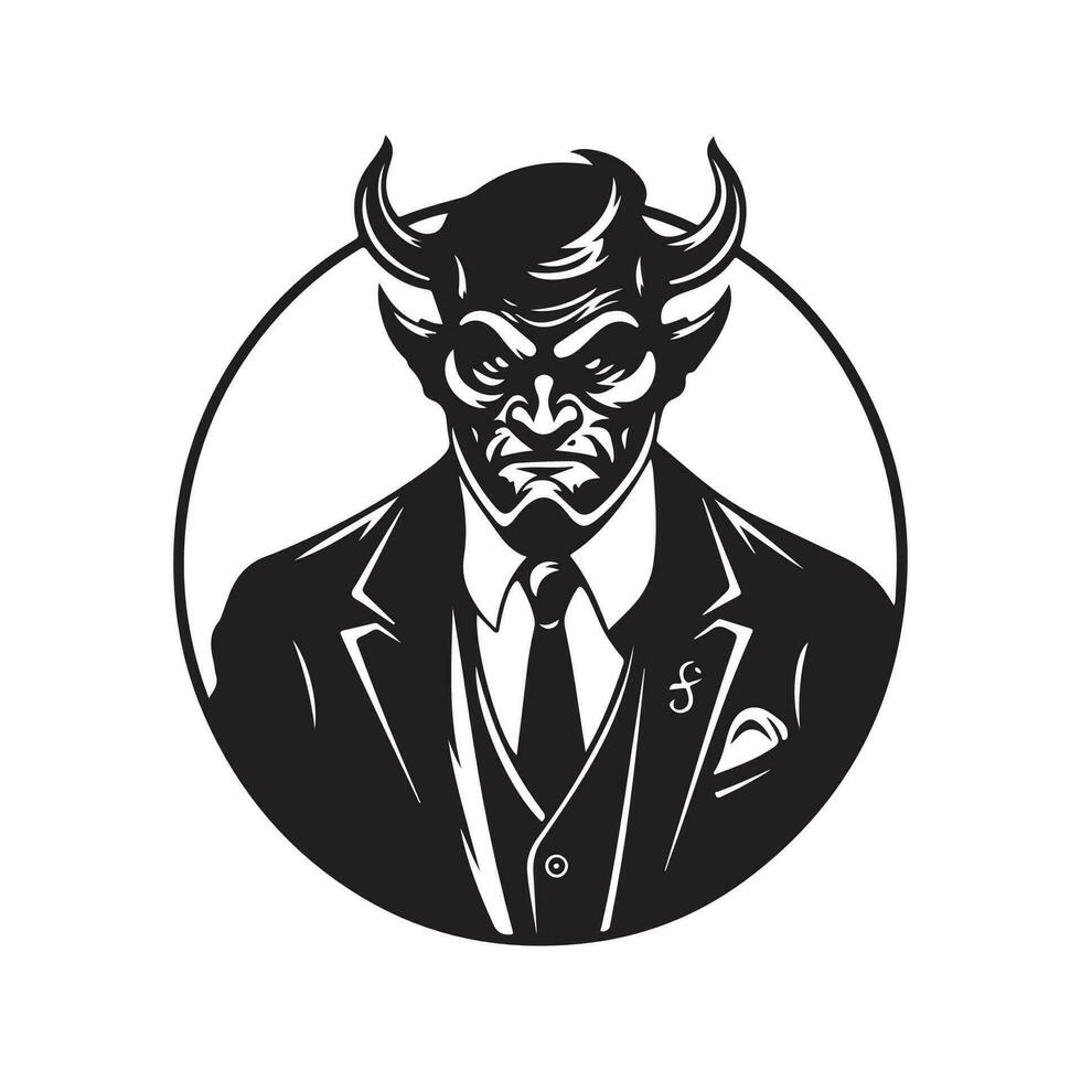 devil wearing suit, vintage logo line art concept black and white color, hand drawn illustration vector