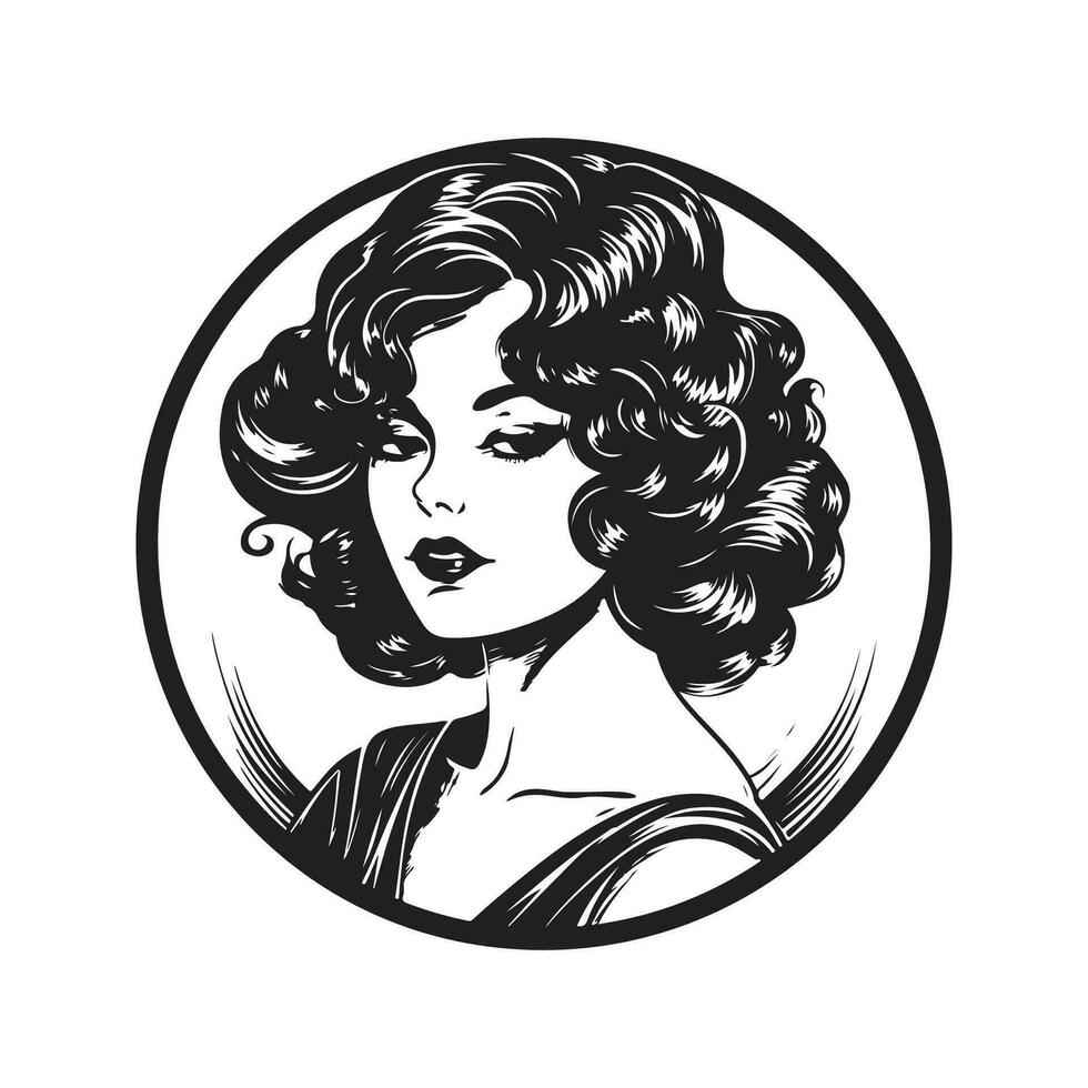 beautiful fantasy woman, vintage logo line art concept black and white color, hand drawn illustration vector