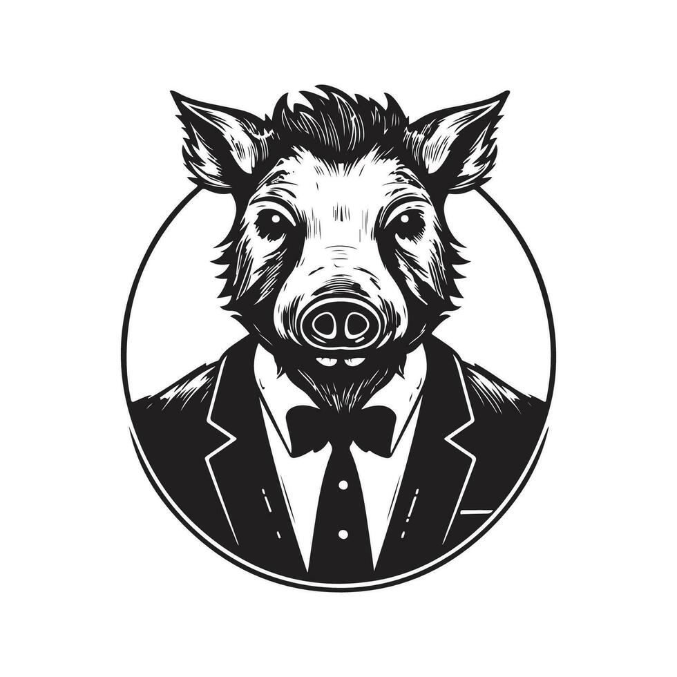 boar wearing suit, vintage logo line art concept black and white color, hand drawn illustration vector
