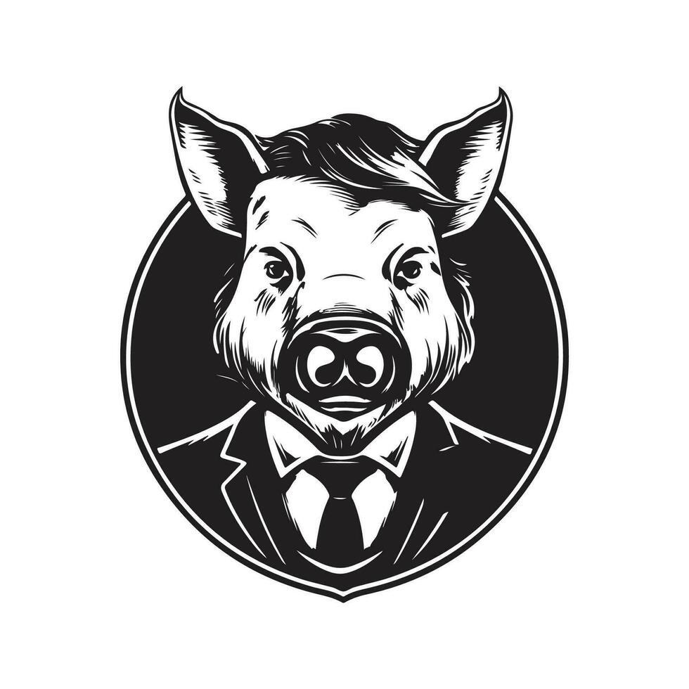 boar wearing suit, vintage logo line art concept black and white color, hand drawn illustration vector