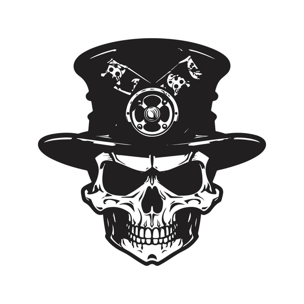 cráneo vistiendo Steampunk sombrero, Clásico logo línea Arte concepto negro y blanco color, mano dibujado ilustración vector
