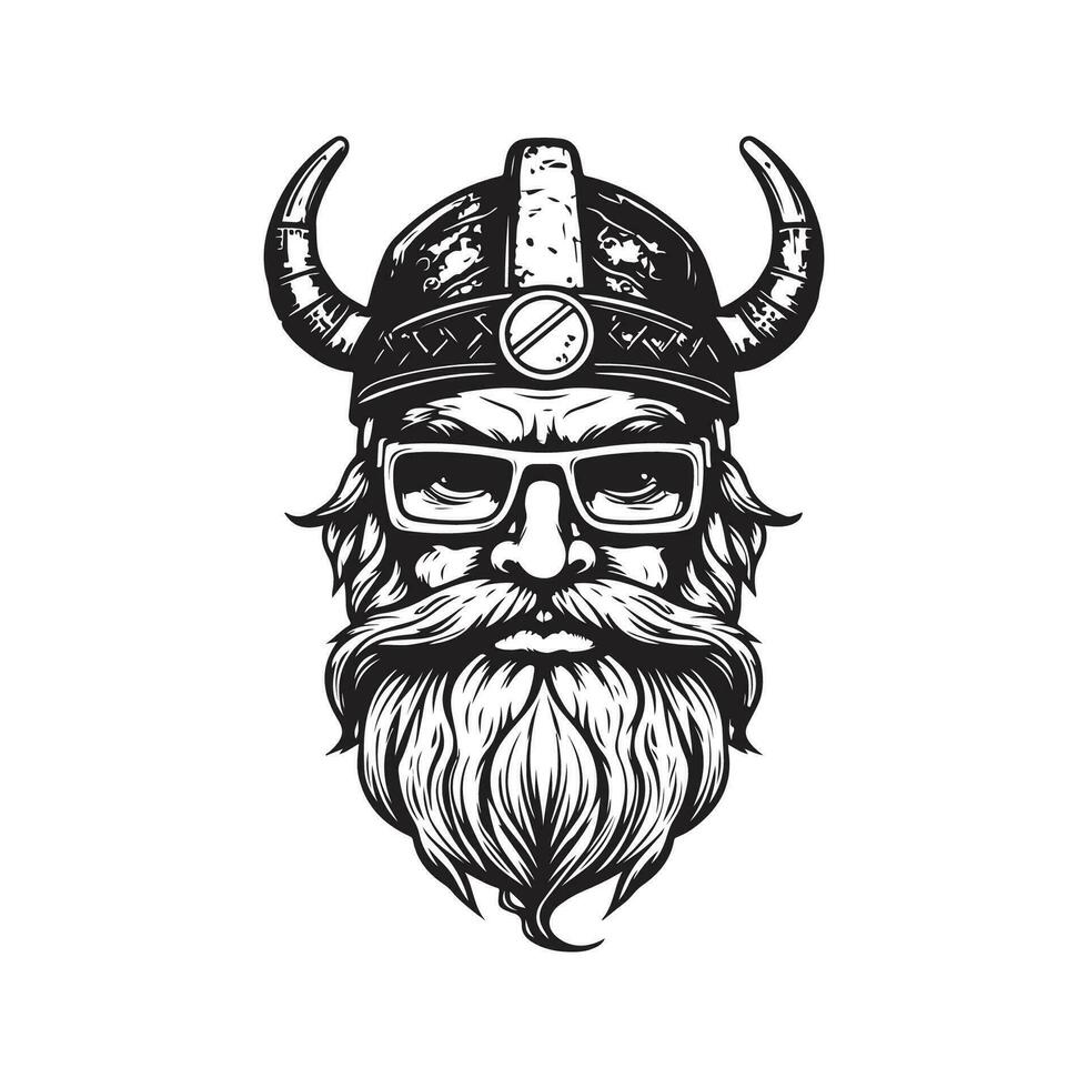 viking wearing sunglasses, vintage logo line art concept black and white color, hand drawn illustration vector