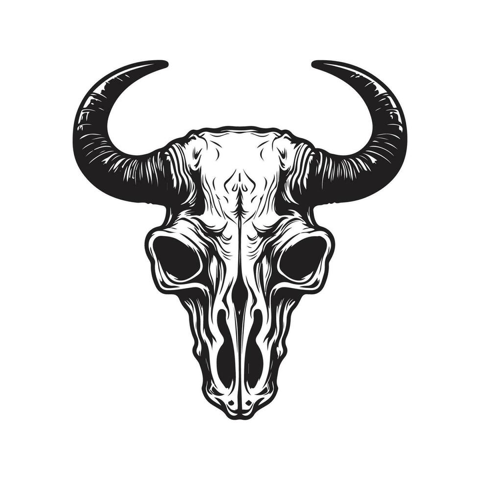 bull skull, vintage logo line art concept black and white color, hand drawn illustration vector