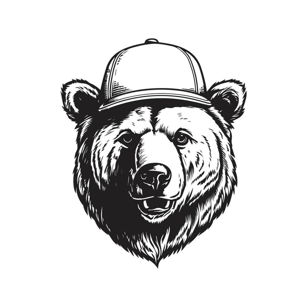grizzly bear wearing hat, vintage logo line art concept black and white color, hand drawn illustration vector
