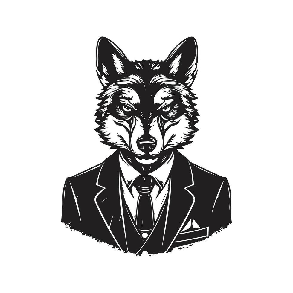 wolf businessman, vintage logo line art concept black and white color, hand drawn illustration vector