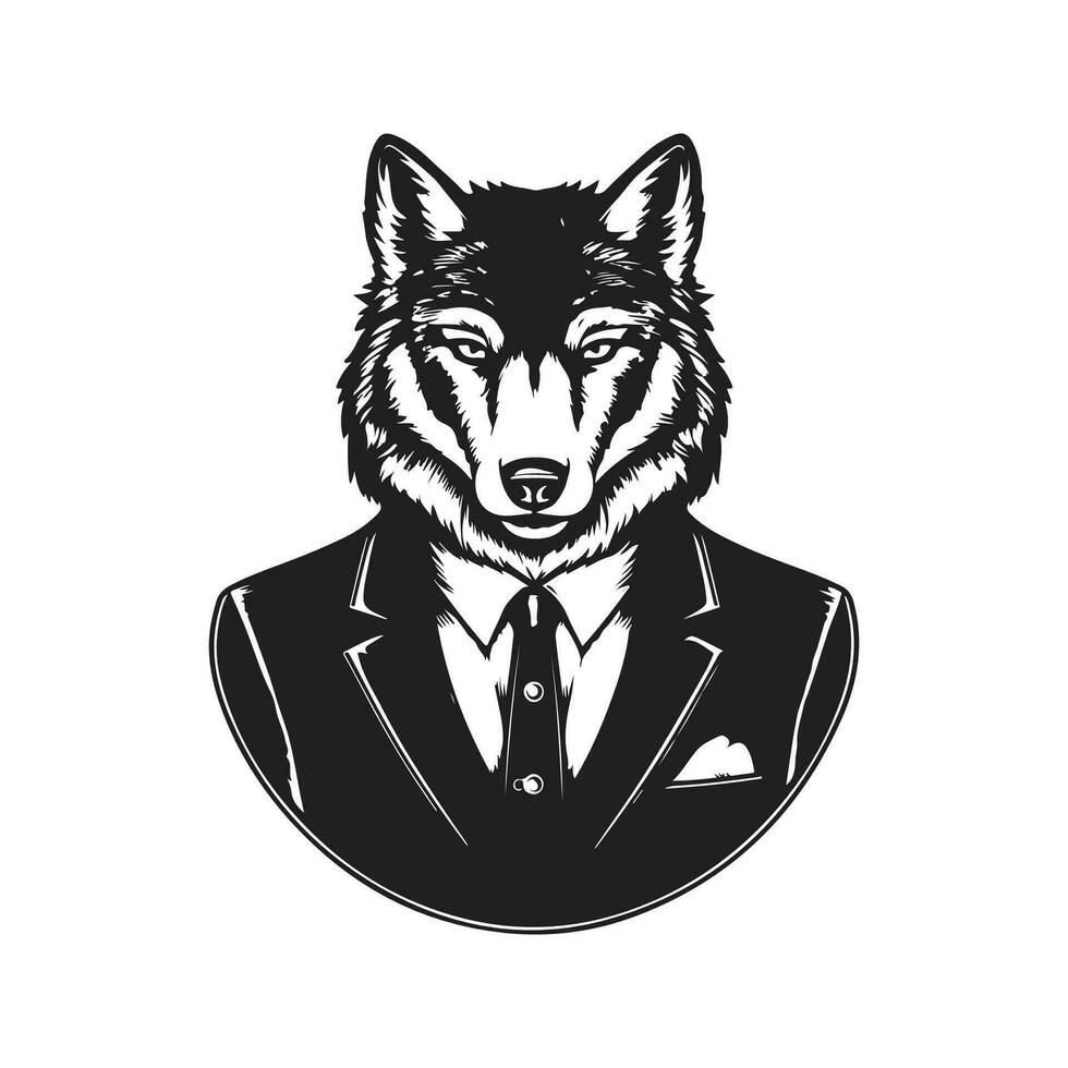 lobo empresario, Clásico logo línea Arte concepto negro y blanco color, mano dibujado ilustración vector