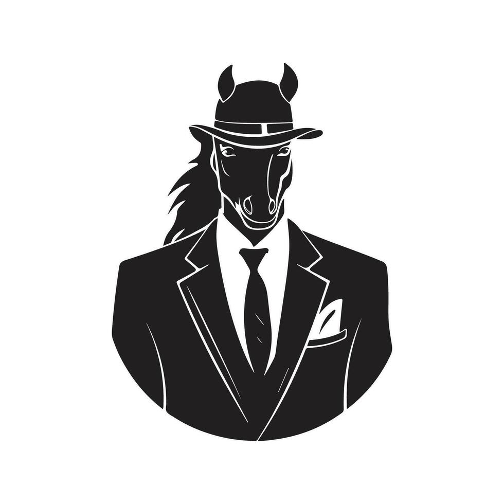 colt wearing suit, vintage logo line art concept black and white color, hand drawn illustration vector