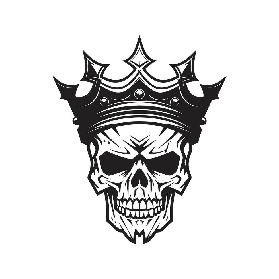 skull head with crown, vintage logo line art concept black and white color, hand drawn illustration vector