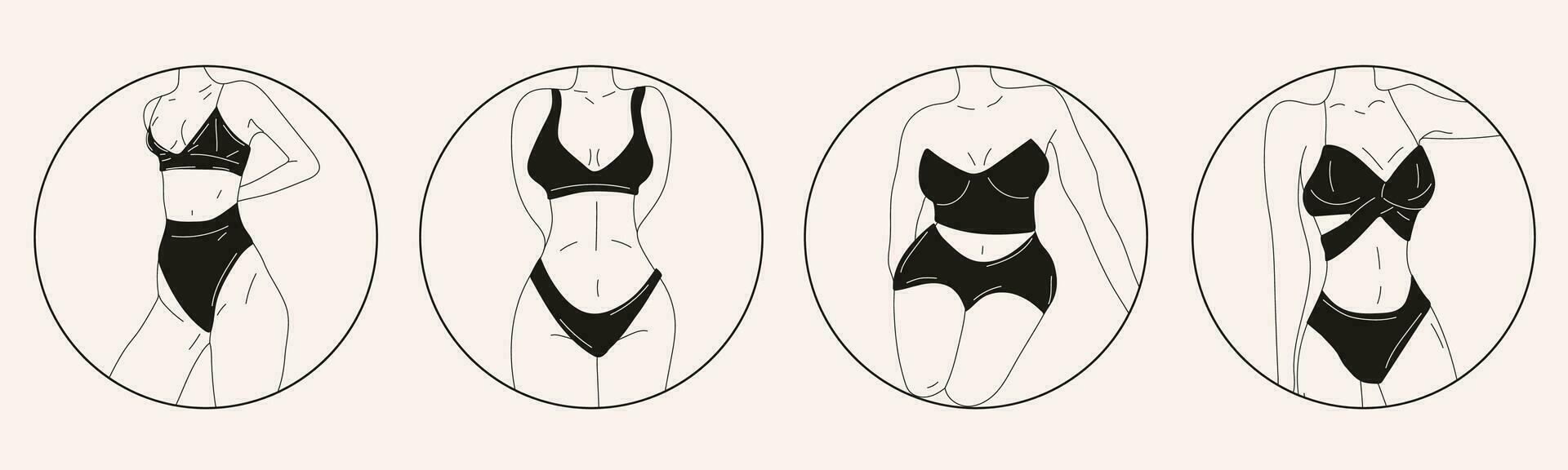 conjunto de negro y blanco mujer en bikini . playa ropa interior. amor y aceptar ninguna cuerpo tipo. sano cuerpo, cuerpo positivo, grasa aceptación movimienot, estilo de vida y Moda concepto. vector