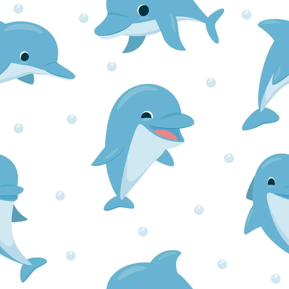 Cute sea dolphin on the background of sea waves. Vector illustration in modern style for your design. Sticker template on a white background.