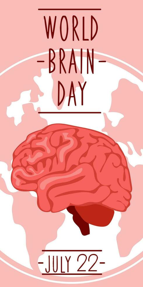 Postcard for World Brain Day, vector illustration with a cute brain in cartoon style on the background of the earth. July 22 in pink flowers with a cartoon brain. Shades of pink. Medicine human health