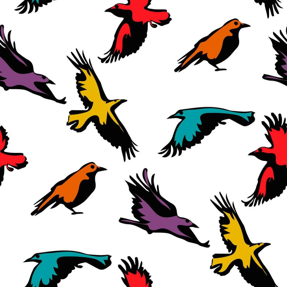 A pattern of black ravens with a bright multicolored glow from the spotlight. Colorful texture on a white background for a holiday. In the Halloween theme. Printing on textiles and paper, packaging vector