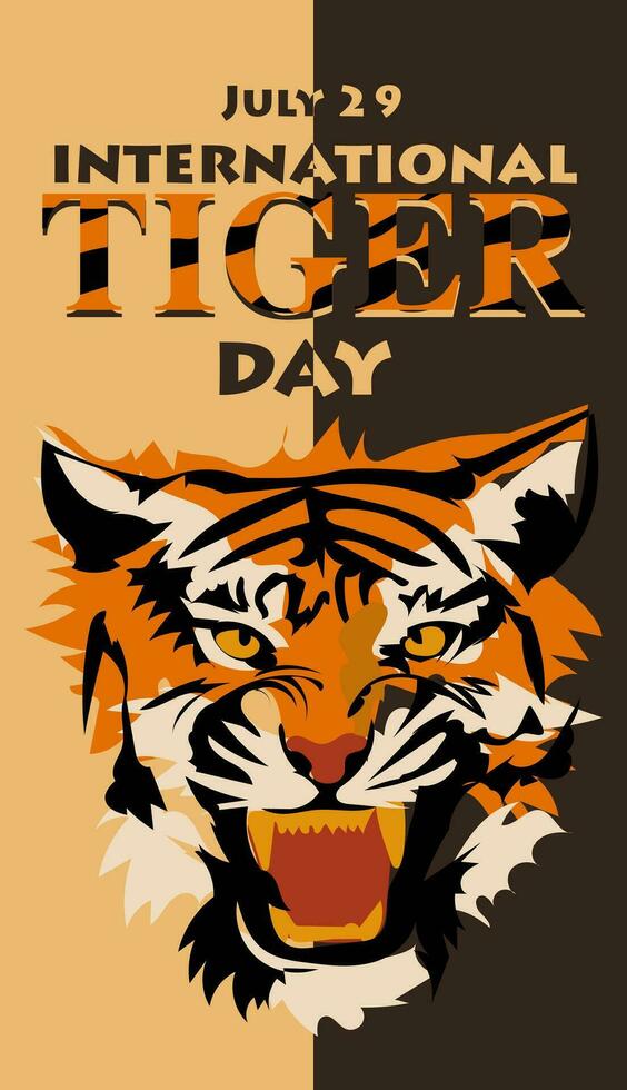 International Tiger Day on July 29. The big head of the aggressive tiger growls. Portrait of an evil tiger. Suitable for printing on postcards, banners, flyers. Person warning attack, danger vector