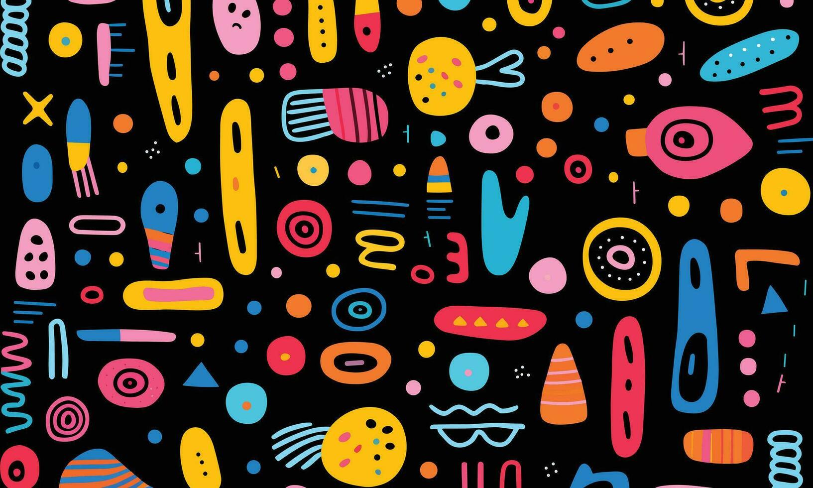 colorful abstract pattern of different shapes and colors on a black background, in the style of simple line drawings, minimalist brush work, east village art, whimsical doodles, bold color blocks vector