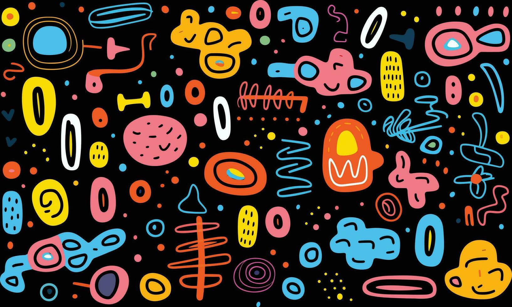 colorful abstract pattern of different shapes and colors on a black background, in the style of simple line drawings, minimalist brush work, east village art, whimsical doodles, bold color blocks vector