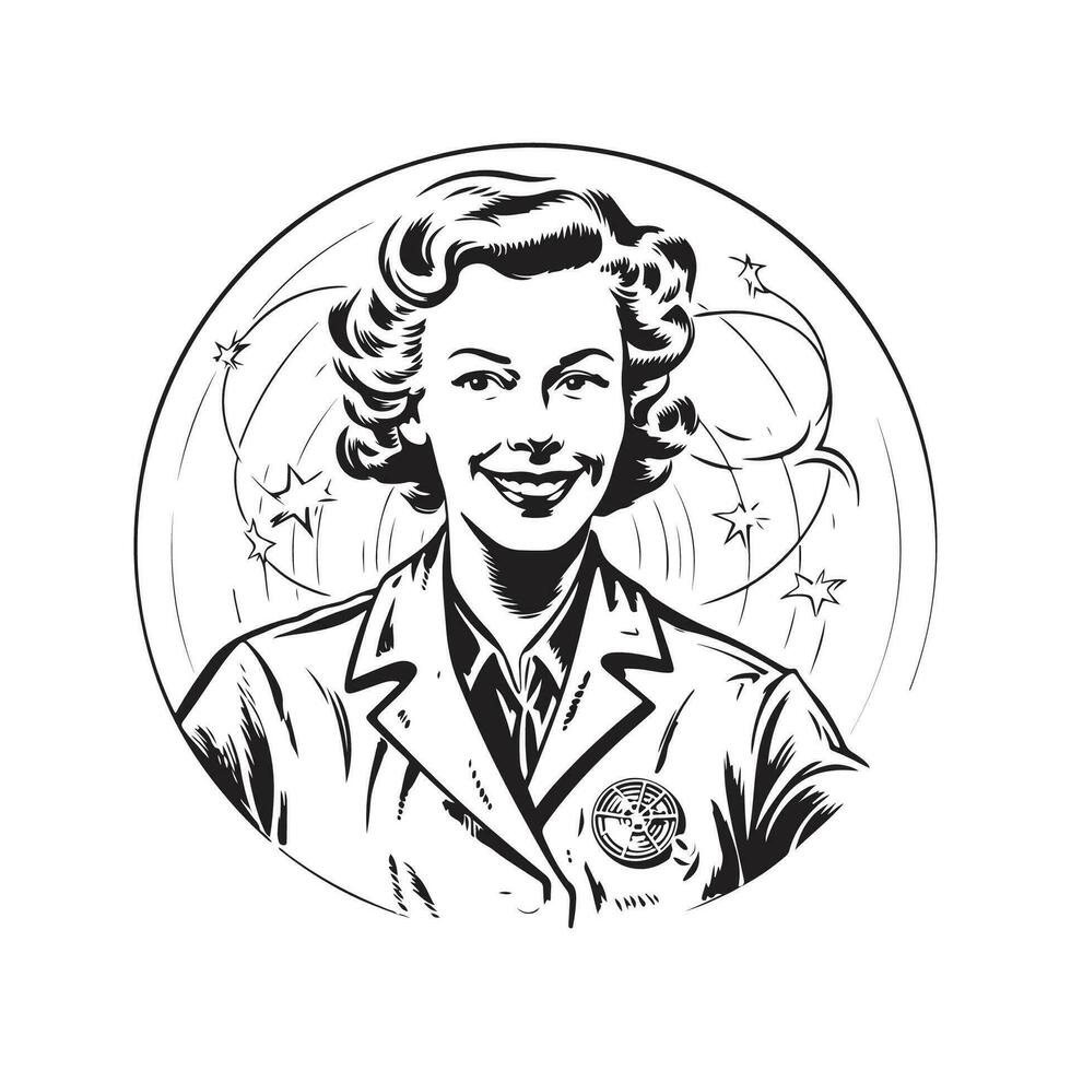 happy woman scientist, vintage logo line art concept black and white color, hand drawn illustration vector