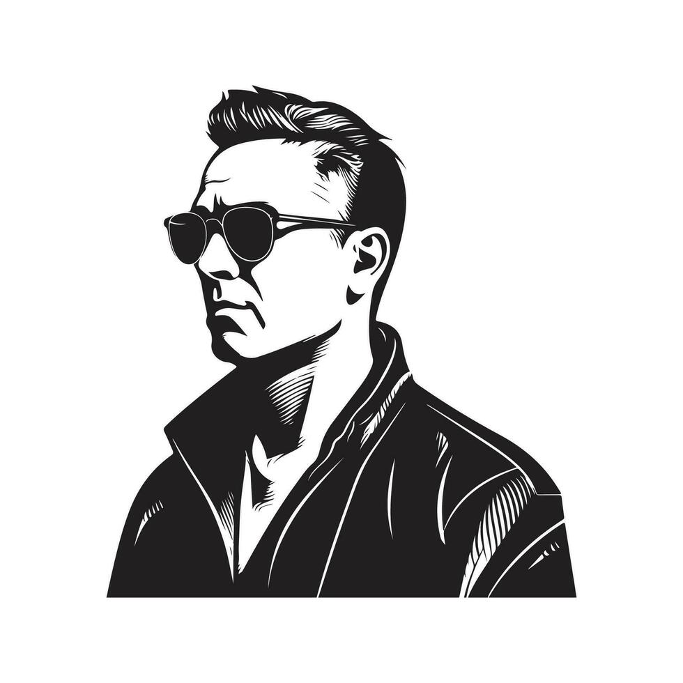 confident adult man wearing sunglasses, vintage logo line art concept black and white color, hand drawn illustration vector