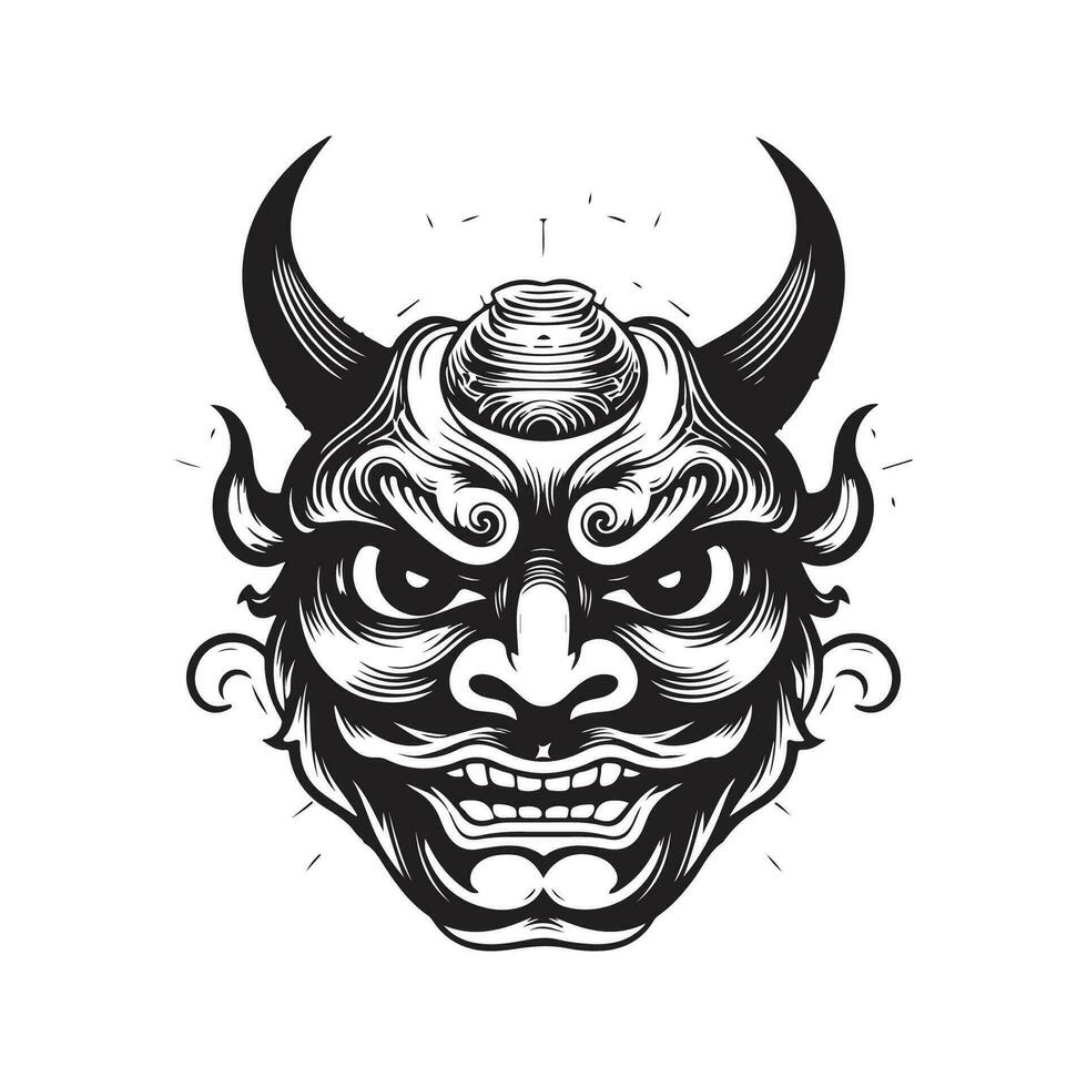 hannya japanese theater mask, vintage logo line art concept black and white color, hand drawn illustration vector