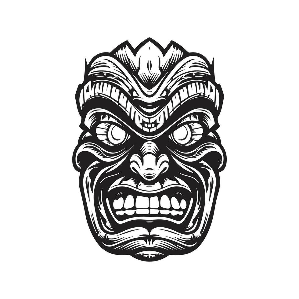 tiki mask, vintage logo line art concept black and white color, hand drawn illustration vector