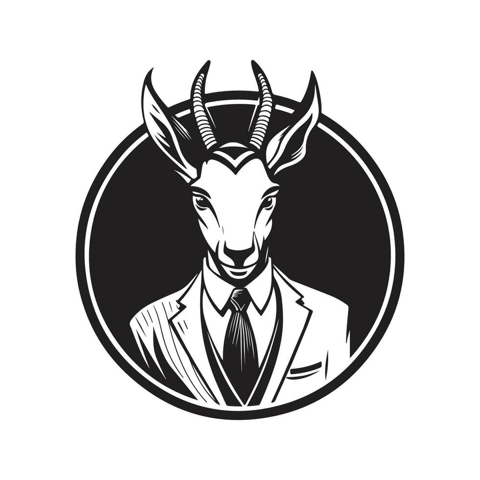springbok wearing suit, vintage logo line art concept black and white color, hand drawn illustration vector
