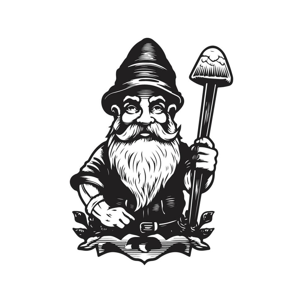 garden gnome, vintage logo line art concept black and white color, hand drawn illustration vector