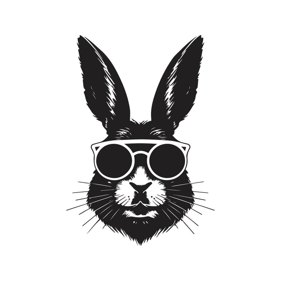 cool bunny with sunglasses, vintage logo line art concept black and white color, hand drawn illustration vector