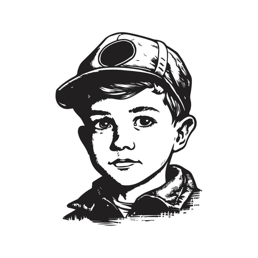 courageous boy, vintage logo line art concept black and white color, hand drawn illustration vector