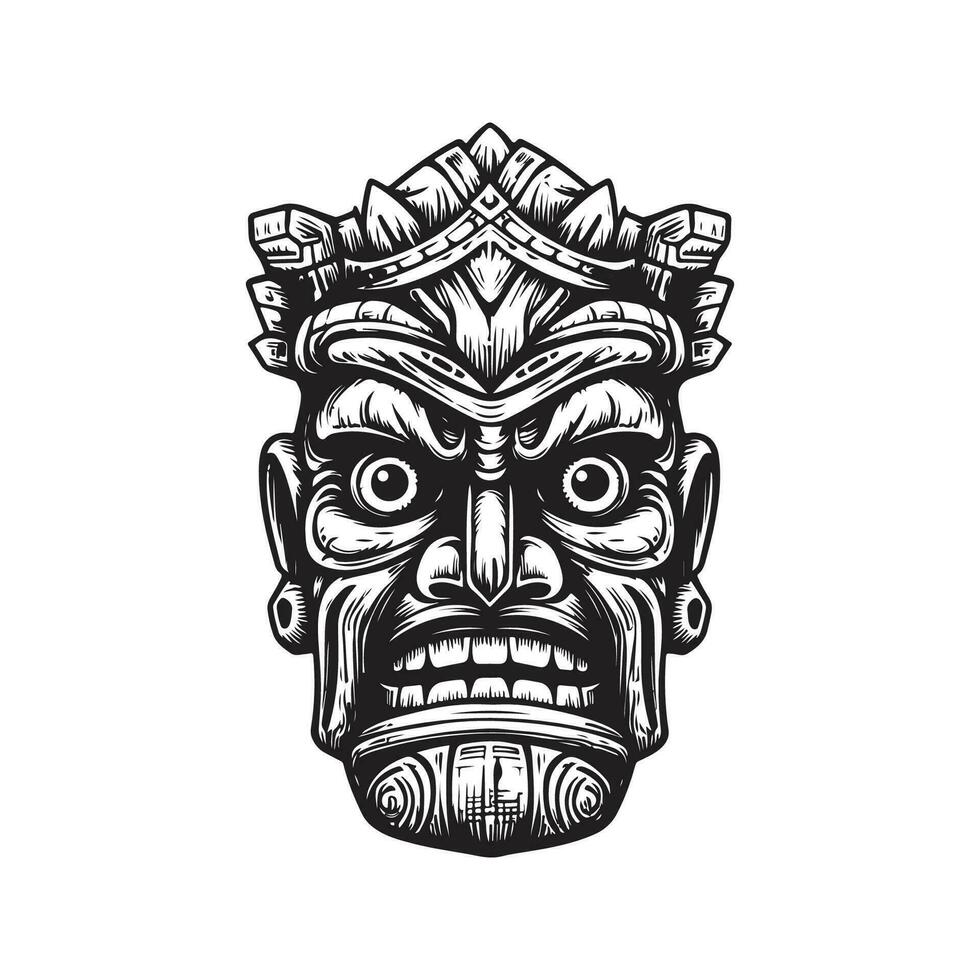 hawaiian tiki wooden head, vintage logo line art concept black and white color, hand drawn illustration vector