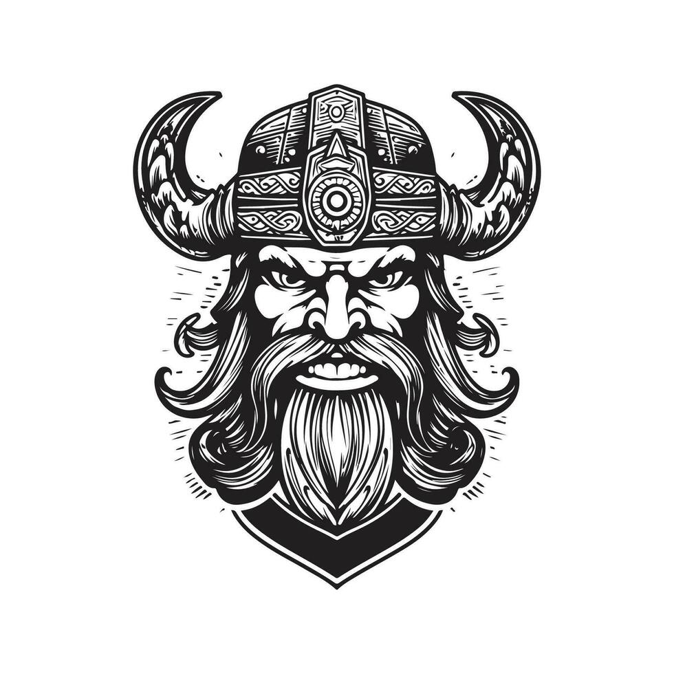 viking cartoon, vintage logo line art concept black and white color, hand drawn illustration vector