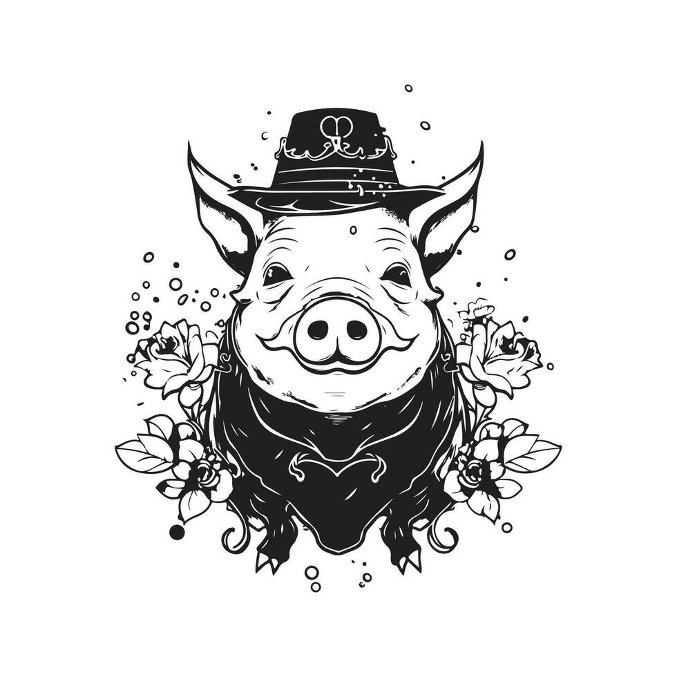 pig elementalist, vintage logo line art concept black and white color, hand drawn illustration vector