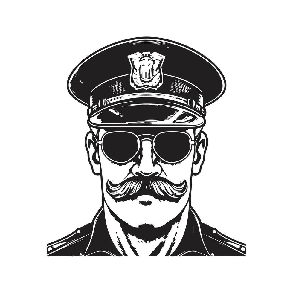 policeman wearing cap with mustache and sunglasses, vintage logo line art concept black and white color, hand drawn illustration vector