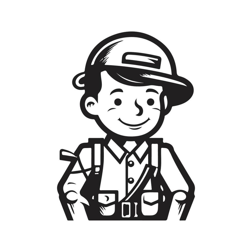 cute soldier, vintage logo line art concept black and white color, hand drawn illustration vector